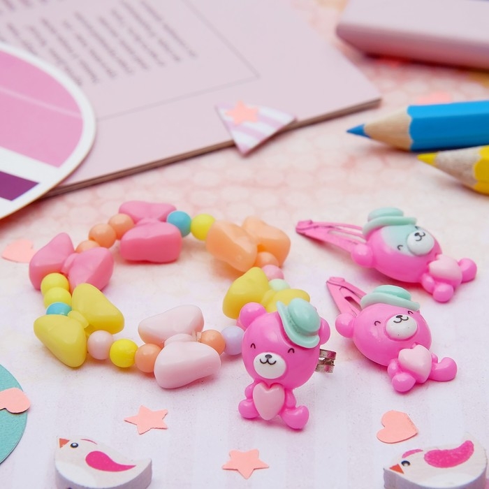 Набор детский «Выбражулька» 4 предмета: 2 заколки, браслет, кольцо «Бантики», цвет МИКС, форма МИКС Набор детский «Выбражулька» 4 предмета: 2 заколки, браслет, кольцо «Бантики», цвет МИКС, форма МИКС