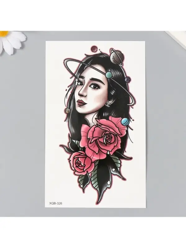 Переводная тату на тело «Девушка, космос и розы», 12×18.8 см