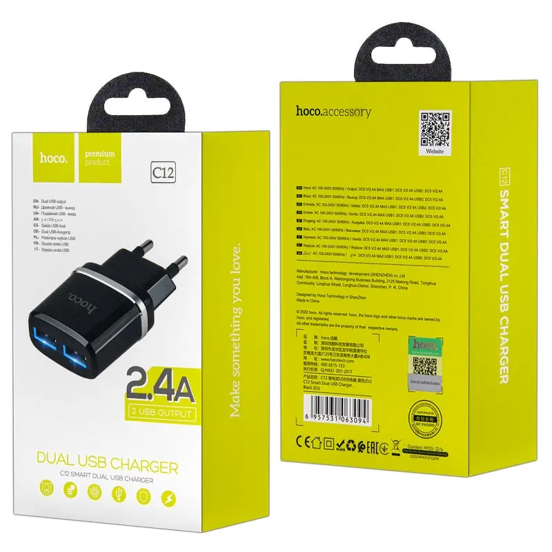 Переходник сетевого зарядного устройства на 2 USB 2.4A C12 HOCO черный