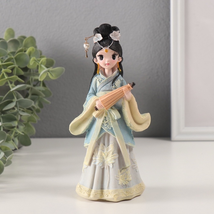 Сувенир полистоун  Сувенир полистоун "Девочка в кимоно с цветами в волосах, с зонтом" голубой 6х7,5х18 см