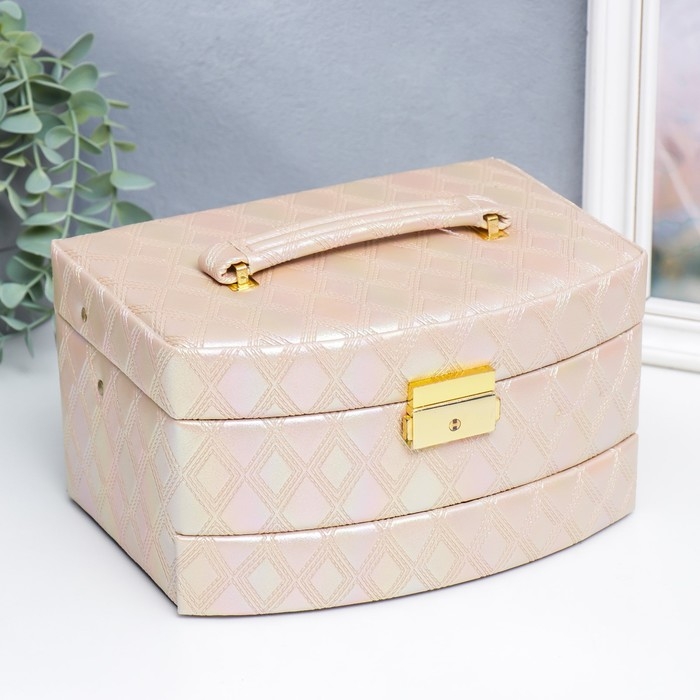 Шкатулка кожзам для украшений сундук  Шкатулка кожзам для украшений сундук "Сеть из ромбов. Сливочный перламутр" 13х16х23 см