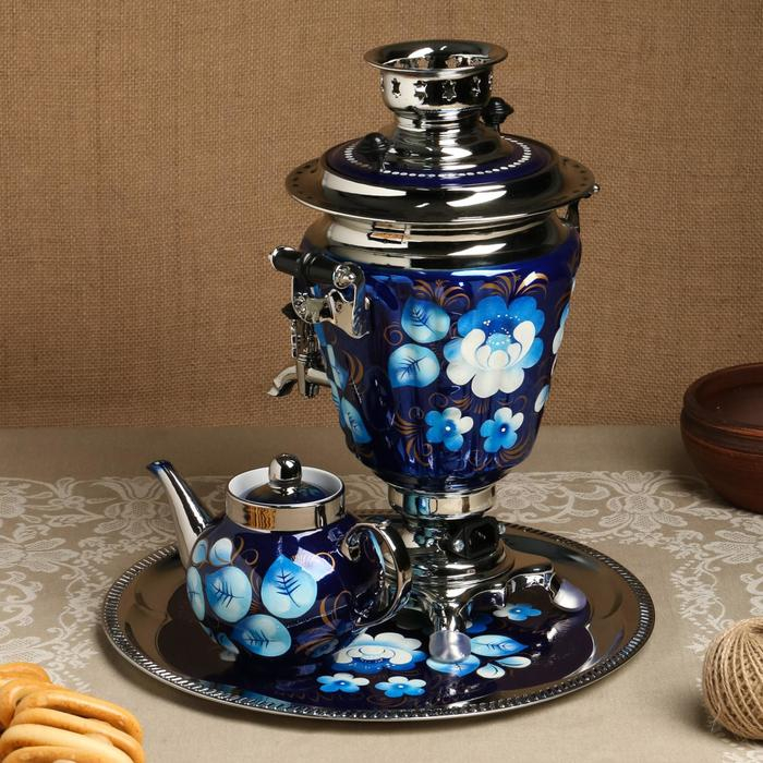 Набор «Жостово на синем», рюмка, 3 предмета, самовар 3 л, заварочный чайник 0,7 л, поднос Набор «Жостово на синем», рюмка, 3 предмета, самовар 3 л, заварочный чайник 0,7 л, поднос