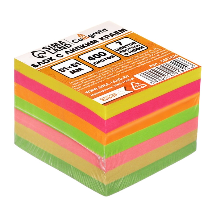 Блок с липким краем 51 мм х 51 мм, 400 листов, пастель/флуоресцентный, 7 цветов Блок с липким краем 51 мм х 51 мм, 400 листов, пастель/флуоресцентный, 7 цветов