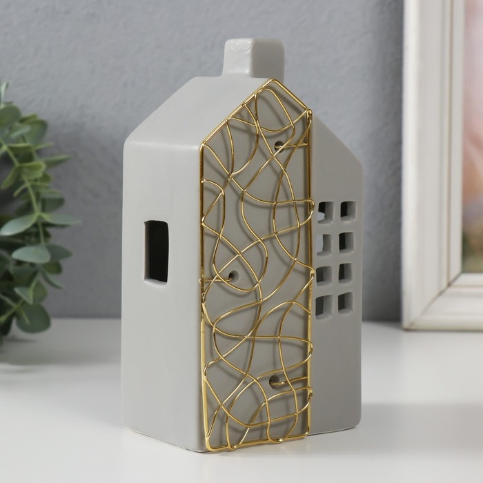 Подсвечник керамика, металл на 1 свечу Подсвечник керамика, металл на 1 свечу "Дом" серый с золотом 9х6,3х16,7 см