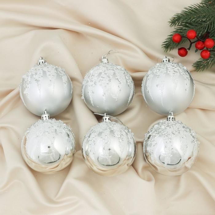 Набор шаров пластик d-8 см, 6 шт Набор шаров пластик d-8 см, 6 шт "Аделия" серебро