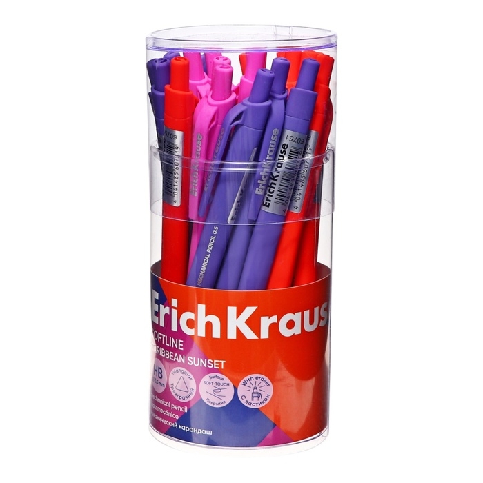 Карандаш механический 0,5 мм ErichKrause Карандаш механический 0,5 мм ErichKrause "Caribbean Sunset" НВ, с ластиком, трехгранный корпус Soft-touch, тубус, микс