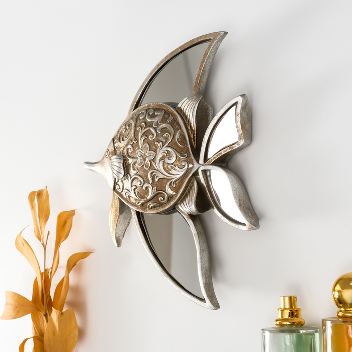 Панно интерьерное полистоун  Панно интерьерное полистоун "Зеркальная рыбка с узорами" серебро 21х4х24 см