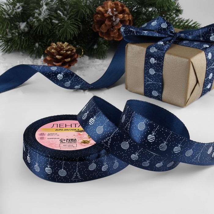 Новый год! Лента атласная «Ёлочные игрушки», 25 мм, 23 ± 1 м, цвет тёмно-синий №038 Новый год! Лента атласная «Ёлочные игрушки», 25 мм, 23 ± 1 м, цвет тёмно-синий №038