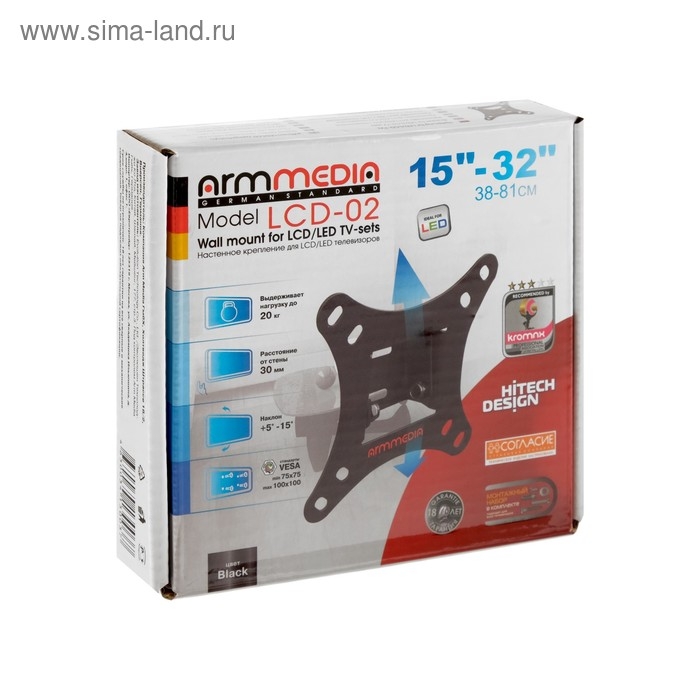 Кронштейн ARM Media LCD-02, для ТВ, наклонный, 15-32 Кронштейн ARM Media LCD-02, для ТВ, наклонный, 15-32", 30 мм от стены, черный