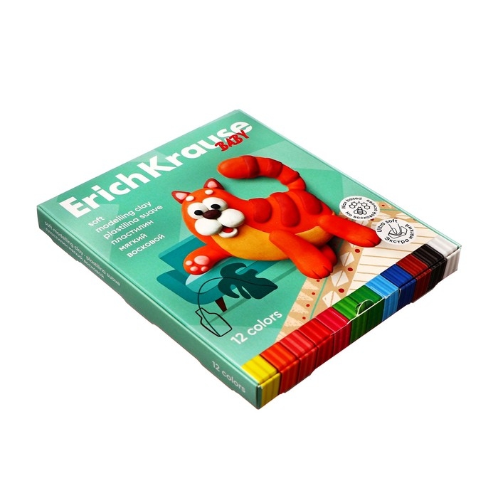 Пластилин мягкий (восковой) 12 цветов, 156 г, ErichKrause Пластилин мягкий (восковой) 12 цветов, 156 г, ErichKrause "Baby", со стеком, на растительной основе, с Алоэ Вера , европодвес