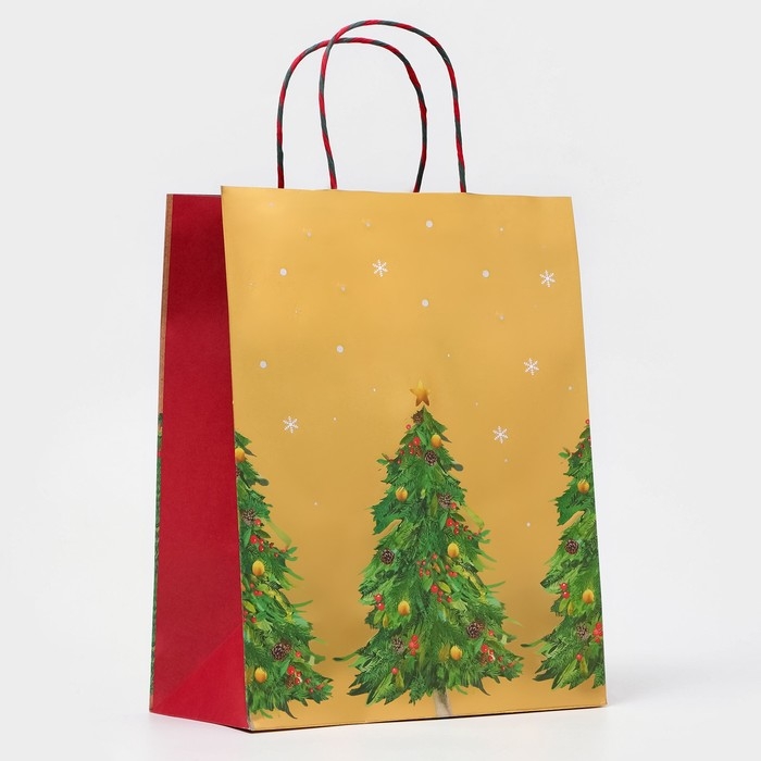 Новый год. Пакет бумажный подарочный новогодний крафт Новый год. Пакет бумажный подарочный новогодний крафт "Ёлки", с тиснением, 26 х 32 х 12 см.