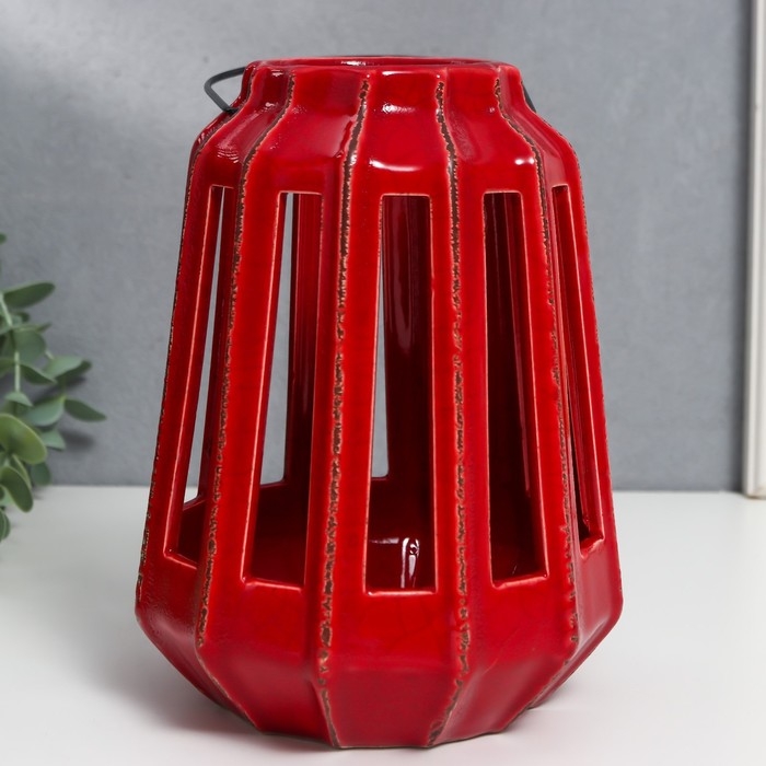 Подсвечник керамика на 1 свечу Подсвечник керамика на 1 свечу "Фонарь с вырезами" тёмно-красный 19х14х14 см