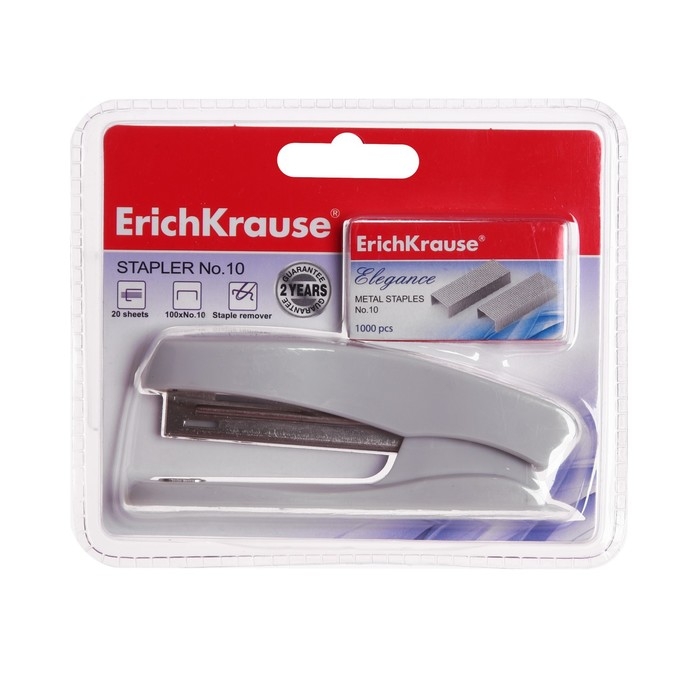 Степлер Erich Krause Elegance + скобы, № 10, до 20 листов, в блистере, встроенный антистеплер, синий, МИКС