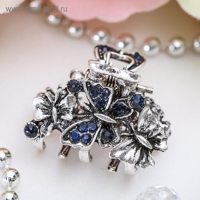 Краб для волос "Синий туман" вальс бабочек, 3 см, серебро