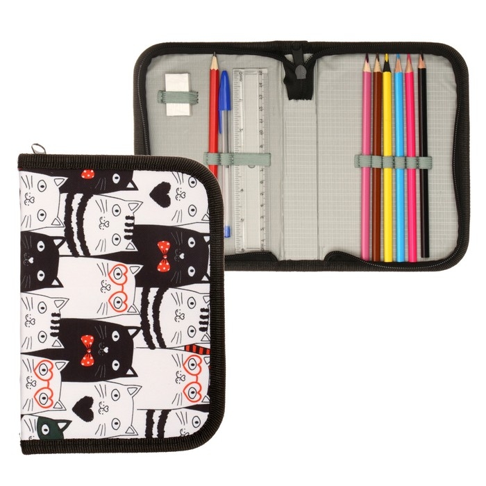 Пенал школьный Пенал школьный "Котики", 13 х 19,5 см, на молнии, 1 секция, с наполнением, ткань