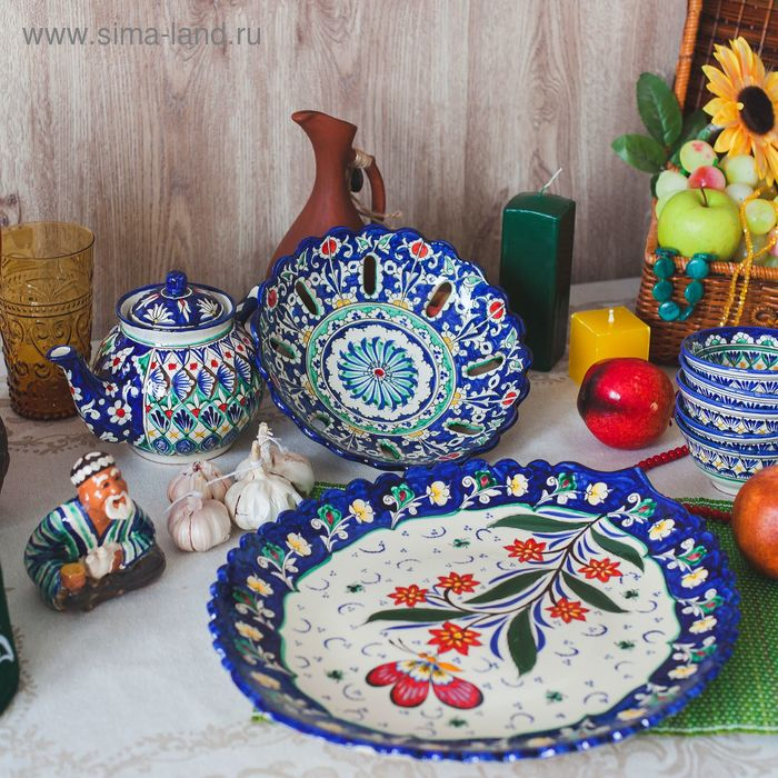Фруктовница Риштанская Керамика  Фруктовница Риштанская Керамика "Узоры", 23 см, синяя