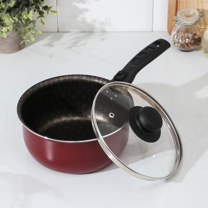 Ковш «Альфа» 1,5 л, стеклянная крышка, пластиковая ручка, антипригарное покрытие, цвет красный Ковш «Альфа» 1,5 л, стеклянная крышка, пластиковая ручка, антипригарное покрытие, цвет красный