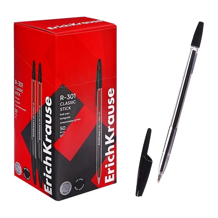 Ручка шариковая ErichKrause R-301 Classic Stick, узел 1.0 мм, чернила чёрные, длина линии письма 2000 метров, штрихкод на ручке