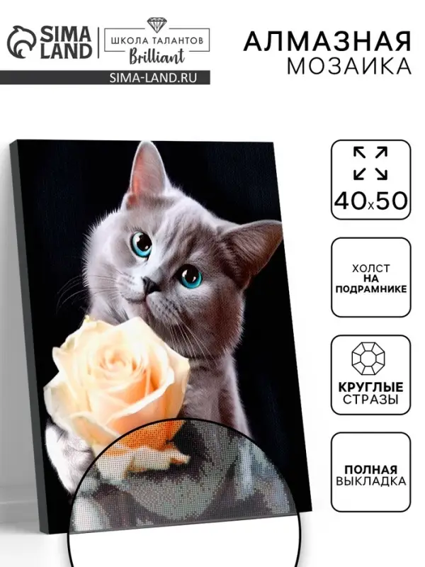 Алмазная вышивка полное заполнение &laquo;Котенок с розой&raquo;, на раме, 40&times;50 см