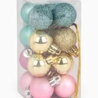Шары ёлочные новогодние, пластик, d=3 см, набор 16 шт., голубые, розовый и золотой
