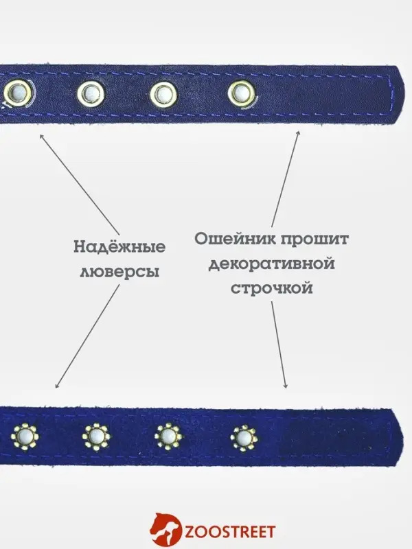 Ошейник безразмерный, 40&times;2 см, с подпряжником, кожа, синий