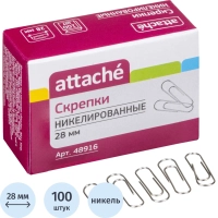 Скрепки Attache никелированные, 28 мм, негофрированные, 100 шт/уп