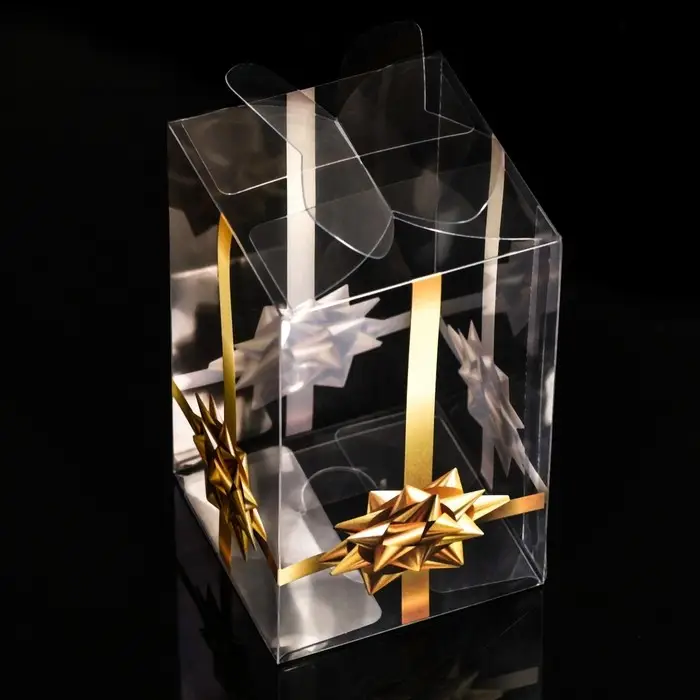 Складная прозрачная коробка из PVC, для упаковки подарков, «Золотой бантик», 6×6×10 см Складная прозрачная коробка из PVC, для упаковки подарков, «Золотой бантик», 6×6×10 см