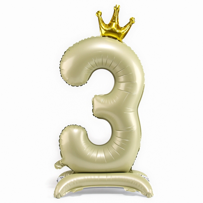 Шар фольгированный 42 Шар фольгированный 42" «Цифра 3 с короной» на подставке, цвет взбитые сливки