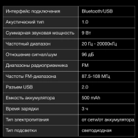 Колонка портативная H-PS1000 Bluetooth 9Вт 500mAh