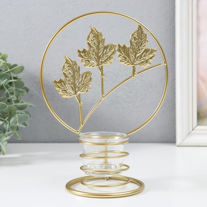 Подсвечник металл на 1 свечу  Подсвечник металл на 1 свечу "Кленовые листья в круге" d=4,5 см золото 16х9,5х21 см