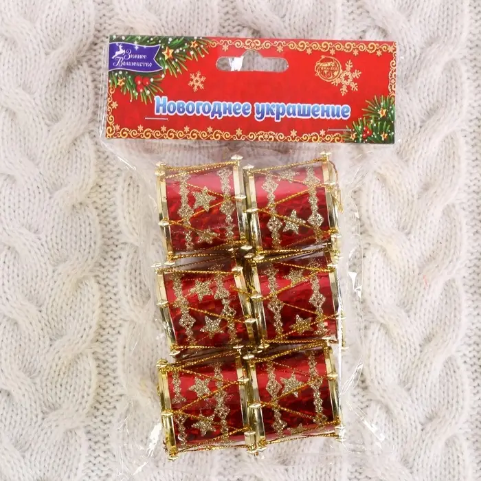 Ёлочные игрушки 6 шт. &laquo;Барабан&raquo; звезда, 3.5&times;3.5 см, красный