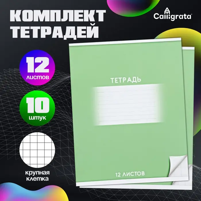 Тетради 12 листов в крупную клетку Calligrata &laquo;Школьная&raquo;, обложка мелованный картон, 10 шт., зеленая