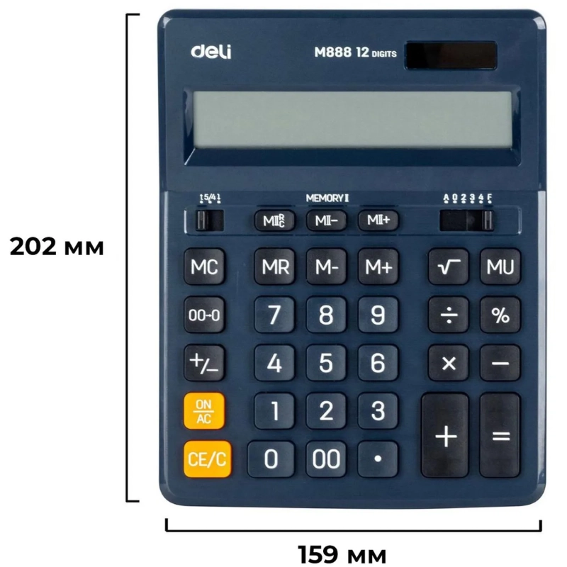 Калькулятор настольный ПОЛНОРАЗМ. Deli EM888F, 12-р,дв.пит.,202x159мм,т-син