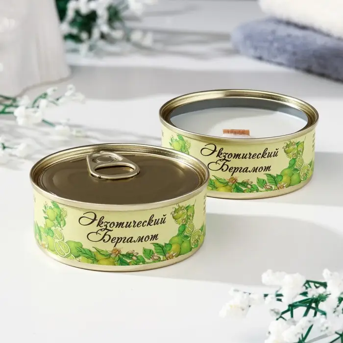 Натуральная свеча в жестяной банке из соевого воска  Натуральная свеча в жестяной банке из соевого воска "Экзотический бергамот",  7,5х3 см