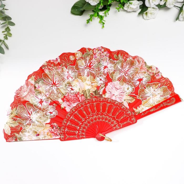 Веер пластик, текстиль  Веер пластик, текстиль "Цветочный рай" широкие лопасти, блёстки МИКС 23 см