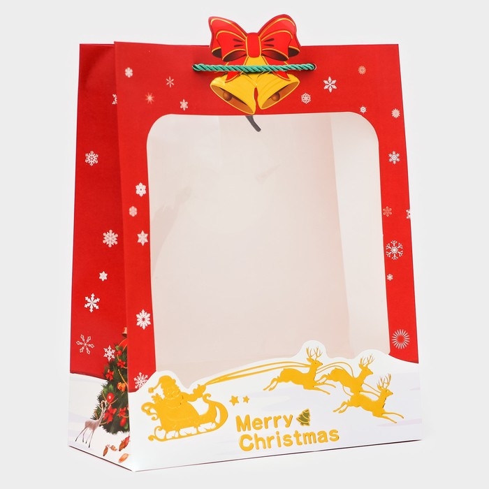 Пакет подарочный новогодний с окном Пакет подарочный новогодний с окном "Рождественский звон", тиснение, 26 х 32 х 12 см.