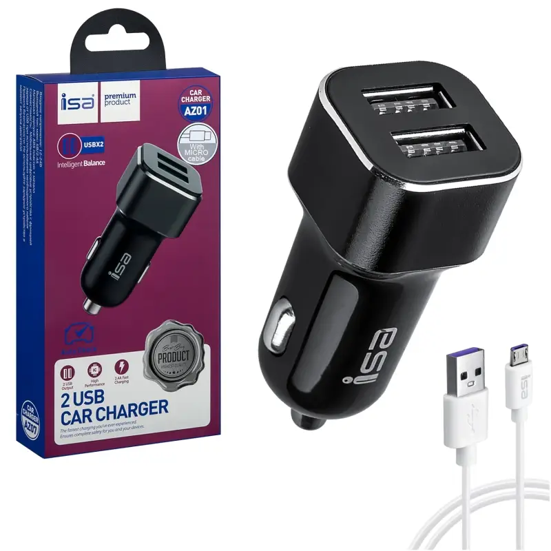 * АЗУ AZ01 USB на Micro USB + 2 USB 2.4A ISA черное * АЗУ AZ01 USB на Micro USB + 2 USB 2.4A ISA черное