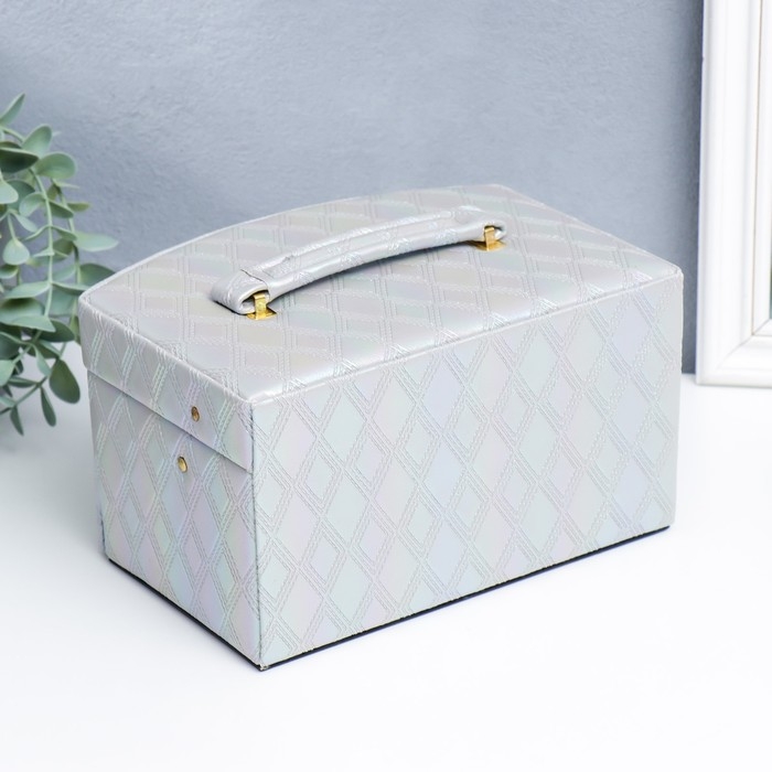 Шкатулка кожзам для украшений сундук  Шкатулка кожзам для украшений сундук "Сеть из ромбов. Серебро перламутр" 13х16х23 см