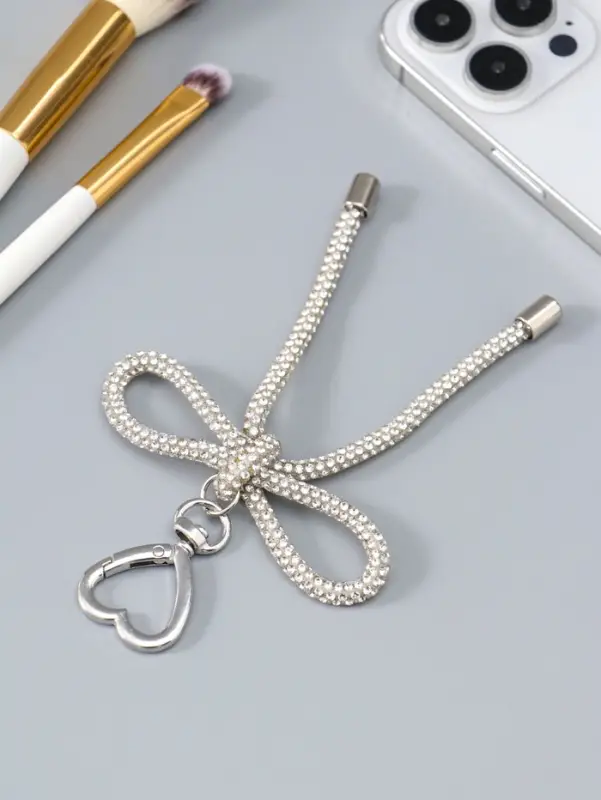 Брелок на карабине "Бант со стразами" серебро 11х7,5х1,5 см