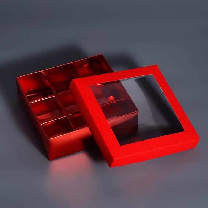 Коробка для 9 конфет красный глиттер, 12,5 х 12,5 х 4 см. Кондитерская упаковка Коробка для 9 конфет красный глиттер, 12,5 х 12,5 х 4 см. Кондитерская упаковка