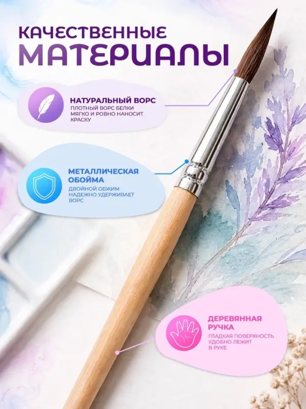 Кисти для рисования, белка, 5 штук: № 1, 2, 3, 4, 5, круглые, деревянная ручка, международный размер