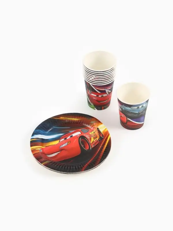 Посуда одноразовая бумажная на 10 персон: стаканы, тарелки, скатерть, Машинки Посуда одноразовая бумажная на 10 персон: стаканы, тарелки, скатерть, Машинки