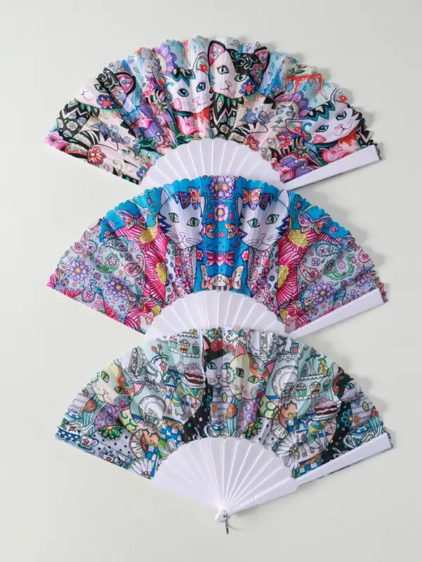 Веер пластик, текстиль Веер пластик, текстиль "Котики. Цветочная абстракция" МИКС широкие лопасти 23 см