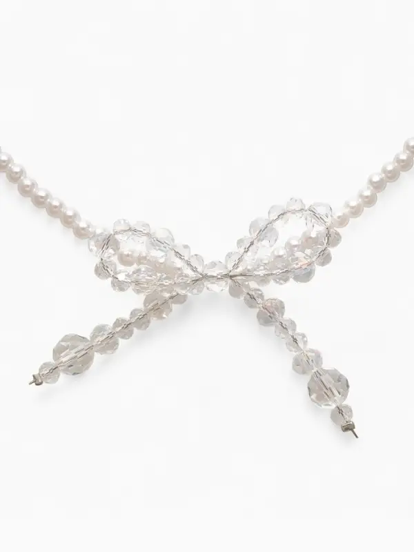 Чокер «Бантик» хрусталик и жемчужные бусины, цвет белый в серебре, 33 см + 5 см доп, цепочка   10877