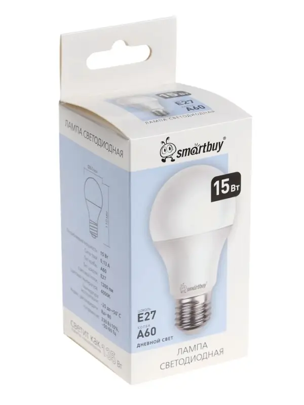 Лампа светодиодная Smartbuy, Е27, A60, 15 Вт, 4000К, дневной белый свет
