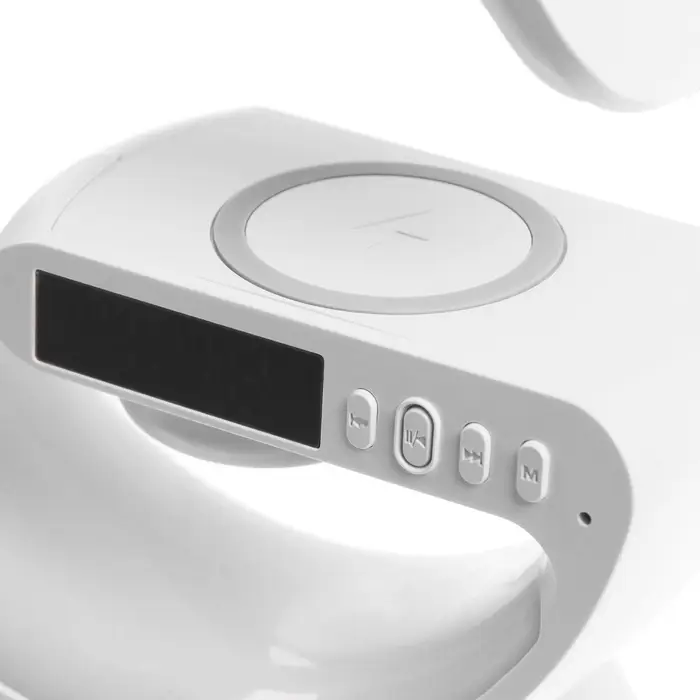 Колонка портативная - ночник G63, Bluetooth, беспроводная зарядка, часы, RGB-подсветка, 15 Вт, 1800 мАч, белая