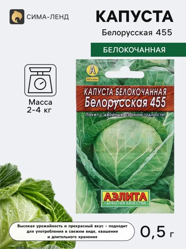 Семена Капуста белокочанная &laquo;Белорусская 455&raquo;, среднеспелая, 0.5 г, &laquo;Аэлита&raquo;