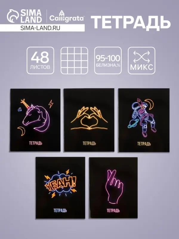 Тетрадь 48 листов в клетку, Calligrata, Neon, МИКС