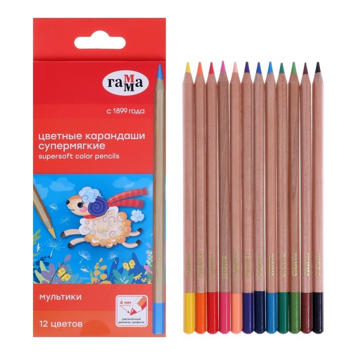 Карандаши 12цв Гамма Карандаши 12цв Гамма "Мультики", супермягк, увел d-4,0мм, заточ, карт/уп, европод 80220216