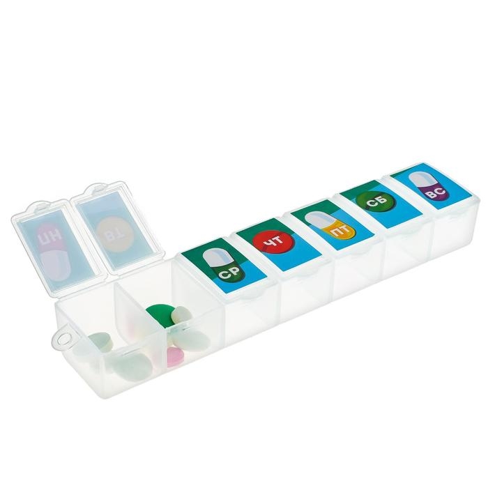 Таблетница «Неделя», 7 секций, русские буквы, 15,5 х 3,4 см. Таблетница «Неделя», 7 секций, русские буквы, 15,5 х 3,4 см.